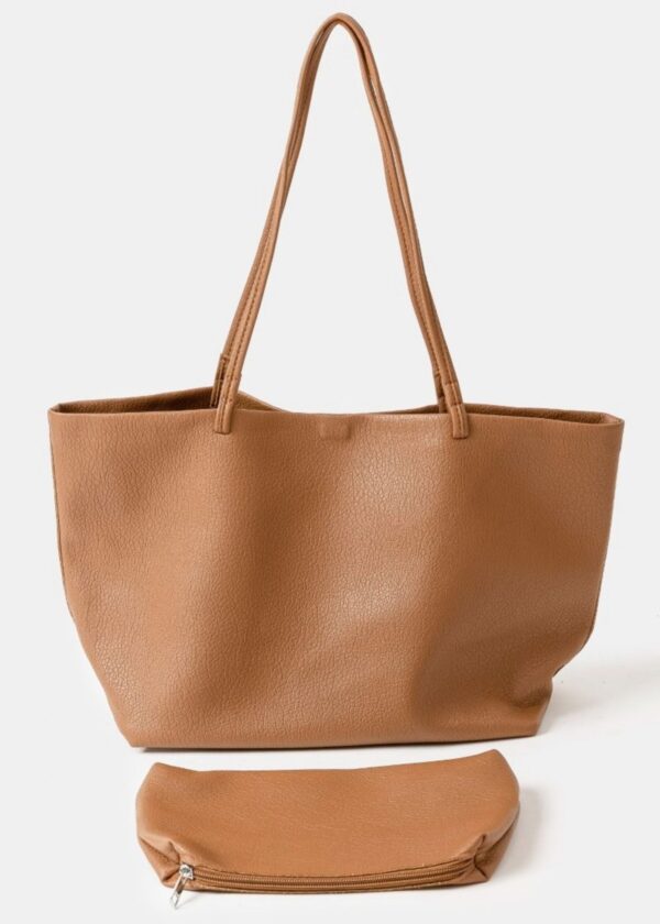 BROWN FAUX LEATHER TOTE BAG WITH MATCHING ZIPPER POUCH