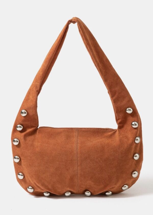 CAMEL BROWN FAUX SUEDE STUDDED PURSE