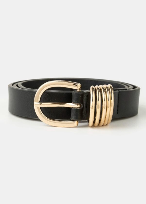 BLACK FAUX LEATHER BELT WITH MULTI GOLD RING ACCENTS