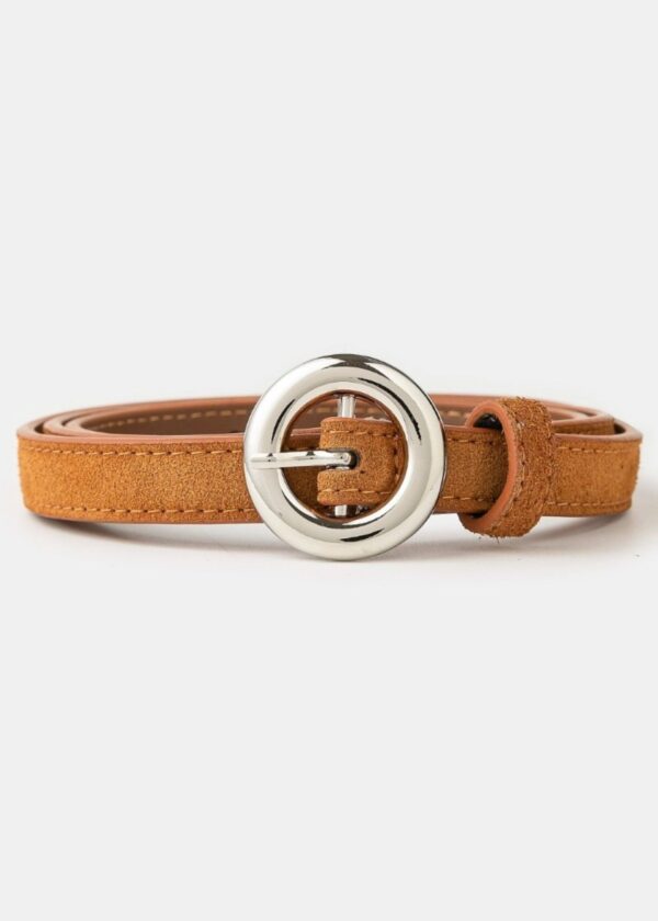 BROWN THIN LEATHER BELT WITH SILVER CIRCLE BUCKLE