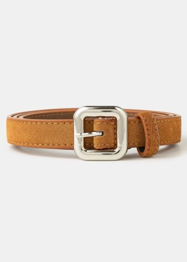 BROWN THIN LEATHER BELT WITH SILVER SQUARE BUCKLE