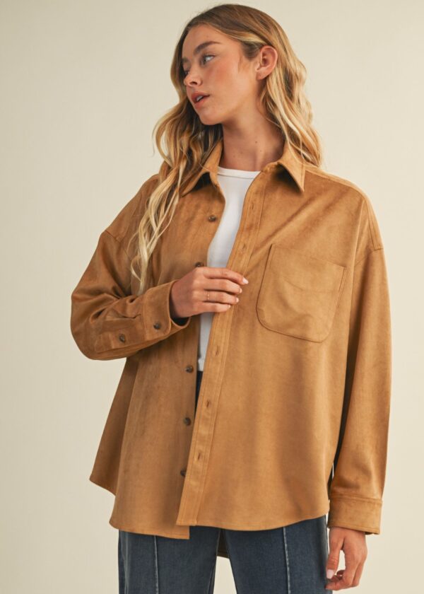 GINGER BROWN FAUX SUEDE BUTTON UP TOP