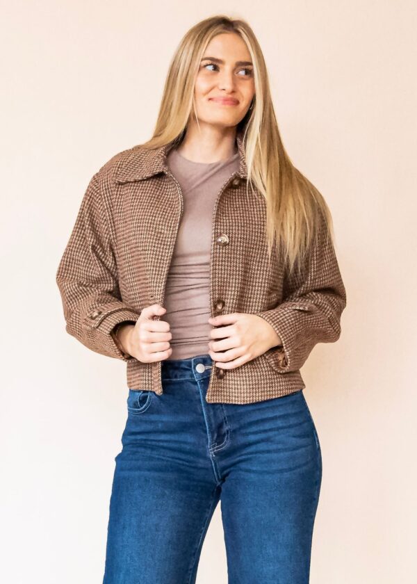 BROWN CROPPED HOUNDSTOOTH JACKET
