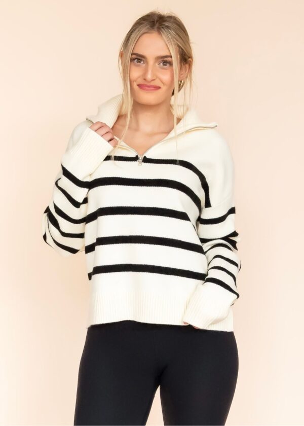 CREAM AND BLACK STRIPE QUARTER ZIP SWEATER