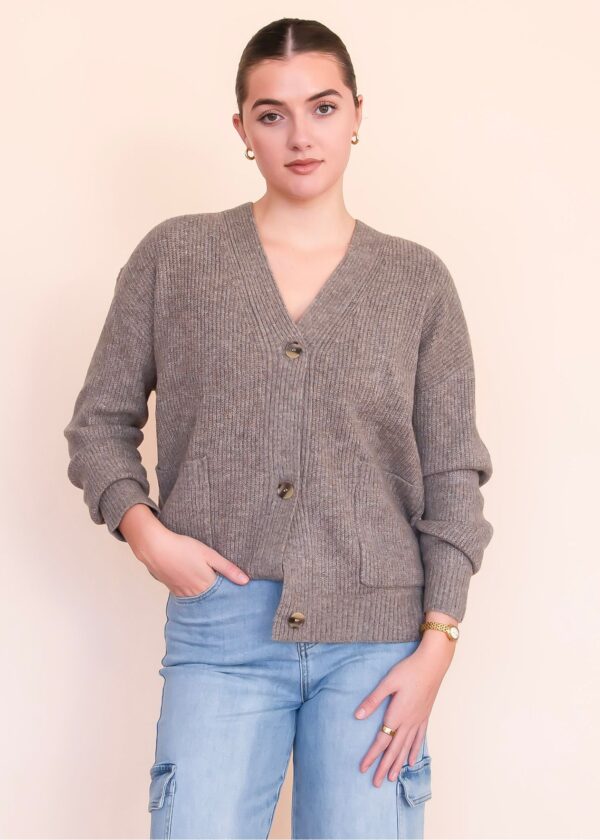 DARK TAUPE RIBBED KNIT CARDIGAN
