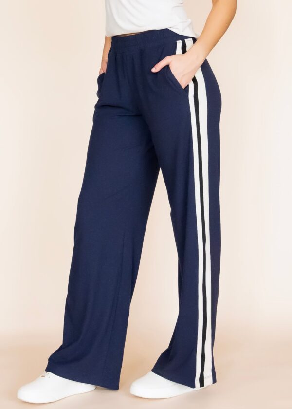 NAVY BLUE TRACK PANTS WITH WHITE STRIPES DOWN EACH LEG