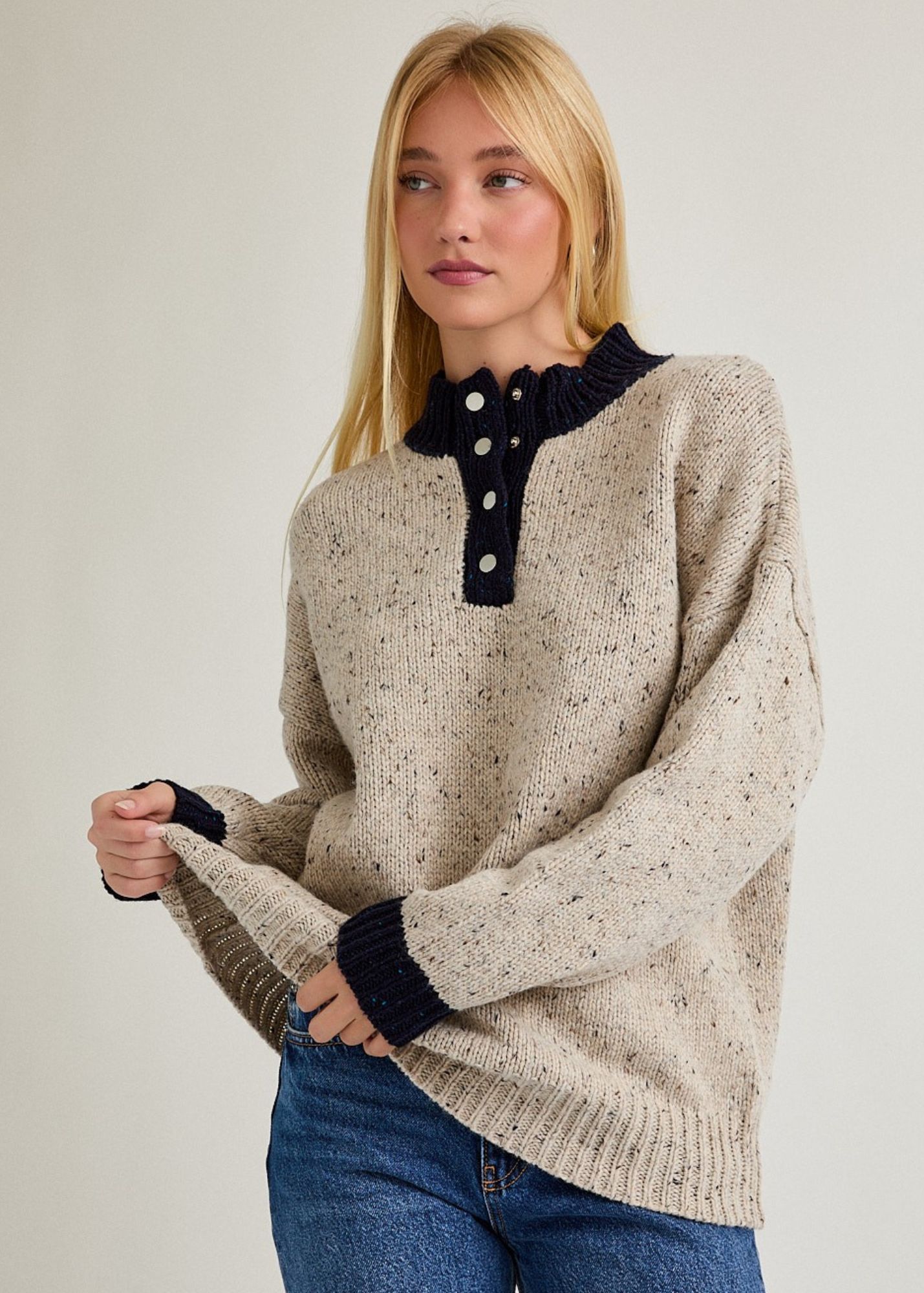 TAUPE AND NAVY MOCK NECK SNAP BUTTON SWEATER