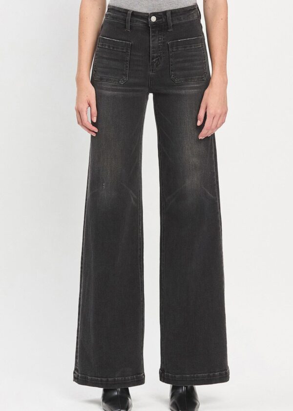 BLACK WIDE LEG TROUSER JEANS WITH PATCH POCKETS