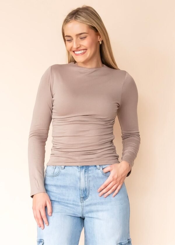 TAUPE RUCHED LONG SLEEVE TOP