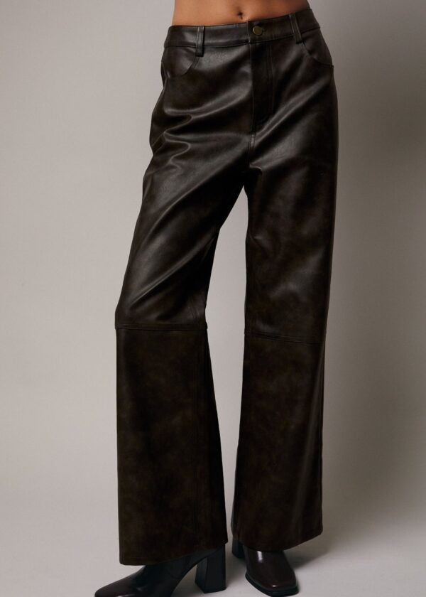BROWN FAUX LEATHER WIDE LEG PANTS